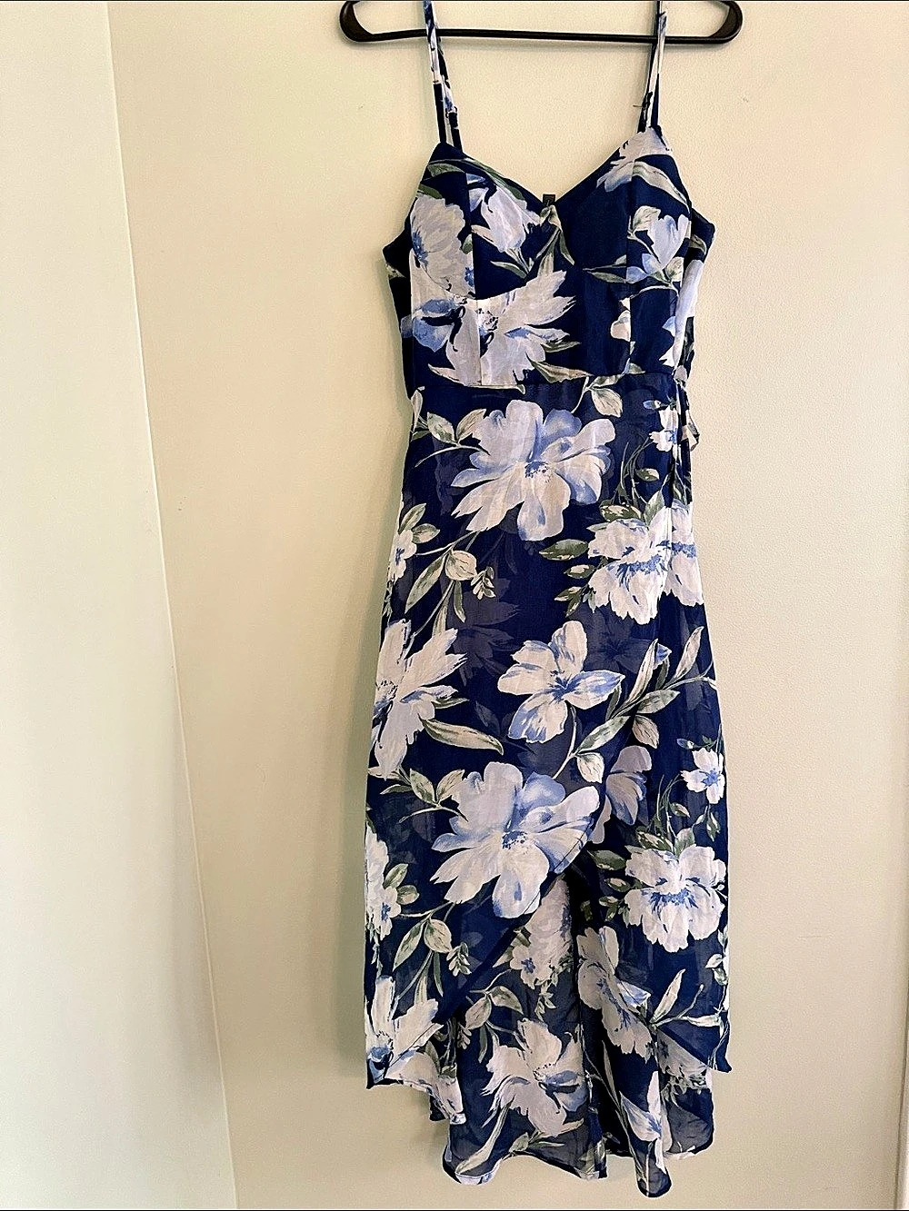 Navy Blue Floral Side Tie Wrap Midi Dress Like New